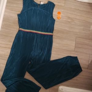 Pleated teal jumpsuit with sparkle rainbow belt